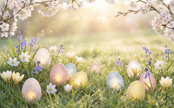 Bright luminous Easter scene. Warm sunlight, white and pastel-colored eggs gently glowing from within. Fresh blooming branches, soft green grass, and delicate spring flowers in the garden.
