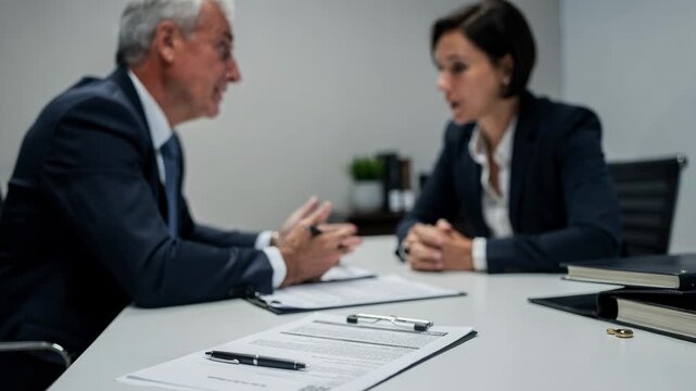 Mature borrower discussing refinancing terms with a notary at a neat signing area the main contractual papers in sharp focus against a subdued background.