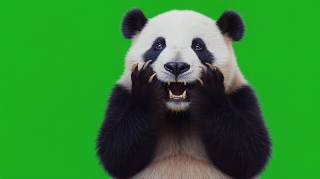 Giant panda bear covering face with paws on green background