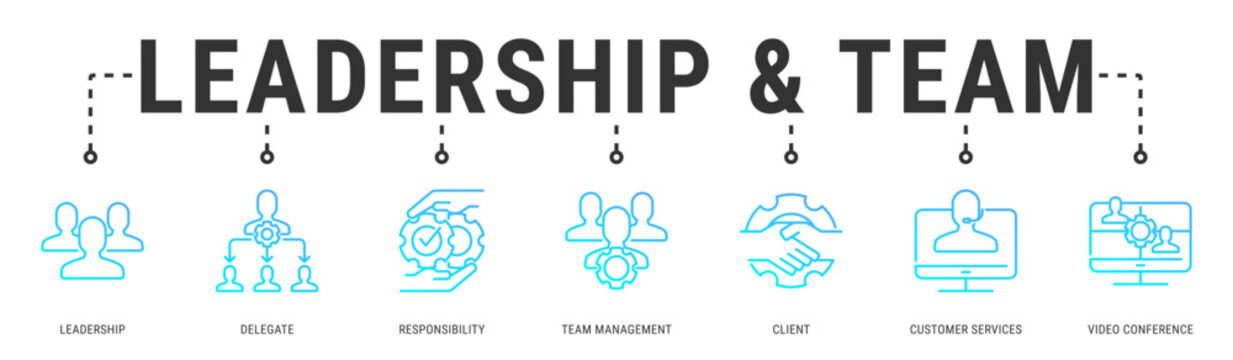 Leadership & Team web banner icon vector illustration featuring Leadership, Delegate, Responsibility, Team Management, Client and Customer Services