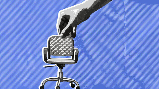A hand reaches down towards an empty office chair against a blue backdrop