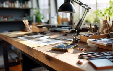 Obraz premium Precision Engraving Studio Workspace with Carving Tools and Materials