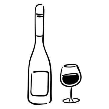 Hand-Drawn Wedding Champagne Bottle and Glass Doodle, Cute Celebration Bubbly Outline with Ribbon Bow for Marriage Banquet and Bar Menu.