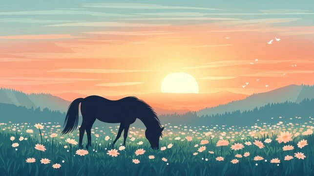 Horse Grazing in Meadow During Sunrise