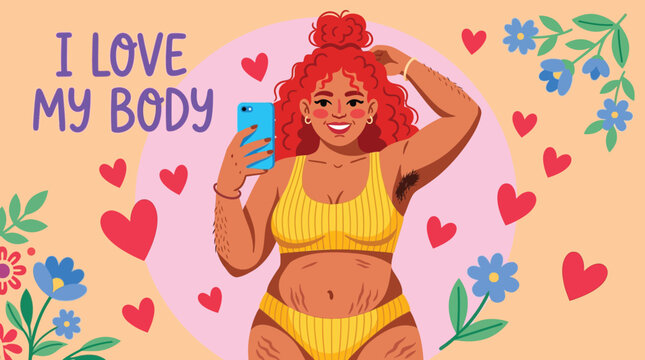 Body Positive Illustration of a Happy Curvy Woman with Stretch Marks Taking a Selfie for Self Love Social Media