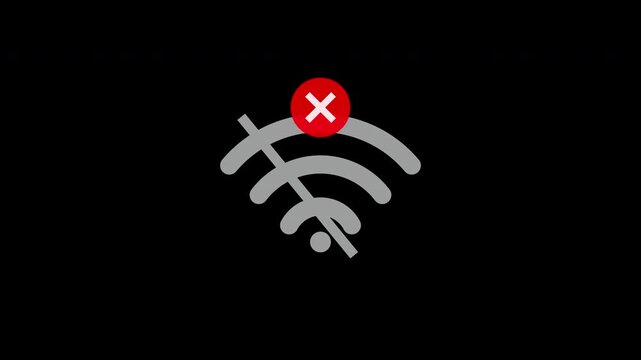 Animated Wi-Fi Signal Loss and No Connection Error with Red Cross Icon on transparent Background. 4K video with alpha channel