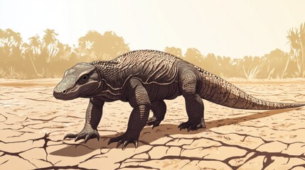Fototapeta premium Komodo Dragon Walking Across Dry Ground