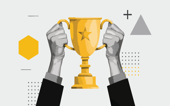 Success Concept Illustration of Businessman Hands Holding a Golden Trophy Cup