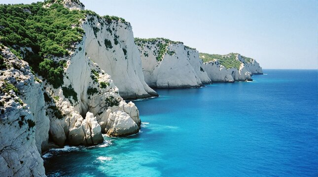 Dramatic white limestone cliffs plunge into crystal-clear turquoise Mediterranean sea, lush green vegetation crowning the summits, under a bright azure sky.