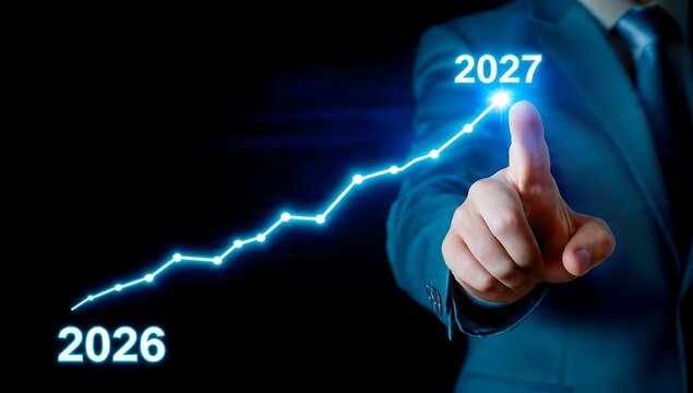 Businessman hand pointing at the top of the glowing light trail blue chart extend from 2026 to 2027 trend, against blurred dark background