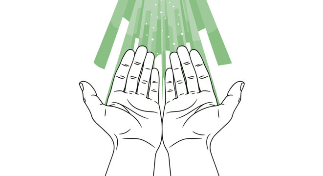 Open Hands Receiving Light, Blessing and Hope Concept. Praying Hands Illustration. Spirituality and Religion Vector Art Isolated on Transparent Background