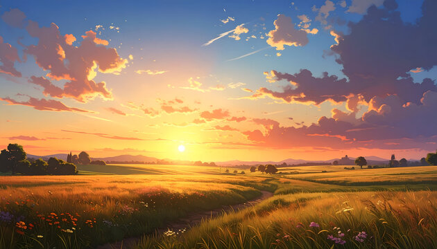 Animated sunset over golden field, meandering path, trees, mountains, dramatic sky