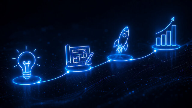 Blue neon glowing line showing the sequence of starting a new business from initial idea to planning launching a rocket and reaching high financial growth