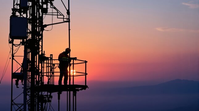 Silhouetted telecom engineer on communication tower at sunset, meticulously inspecting antennas, against a vibrant orange and purple sky, conveying technology and solitude.