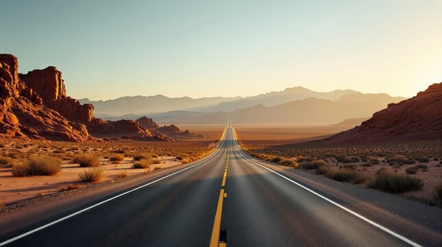 Expansive asphalt highway stretches into distant hazy mountains under a golden sunset, creating a dramatic, lonely road trip vista in a cinematic, wide-angle perspective.