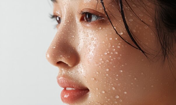 Young Woman with Dew Drops on Face, Side View, Healthy Skin and Skincare