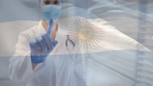 Dr tapping virtual interface with index finger opening chart, steth, Argentina flag obscuring face