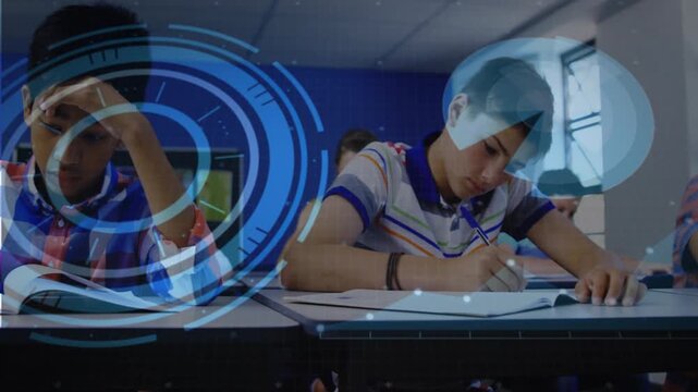 Students following education prompt, writing and flipping pages as HUD overlays shifting over books