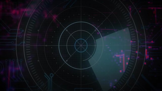 Central tech radar HUD wedge rotating on scan command, sweeping and detecting magenta glitches