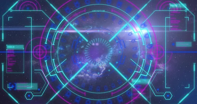 Center HUD tracking craft entering right rotating pulsing scanning nebula via clear rings tech