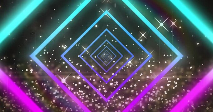 Centered neon diamond stack pulsing inward on looping play, particles rising, guiding tech creators