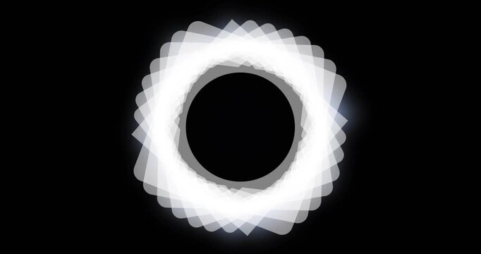 Layered rounded-square ring rotating after alignment, forming lobes and pulsing halo to show facets