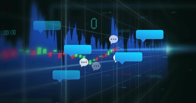 Trading chart advancing, timeline advancing, generating chat bubbles on candles showing market chat