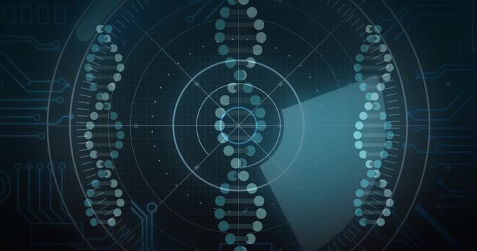 Radar HUD starting wedge scan, forming 3 dotted helices and syncing nodes for diagnostics