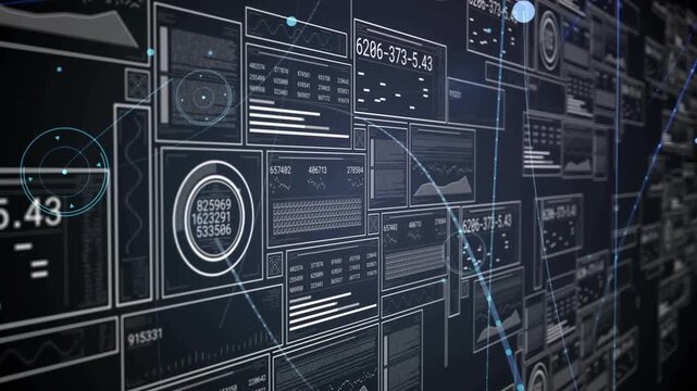 Camera panning right revealing data wall in tech, animated readouts, HUD overlays for analytics