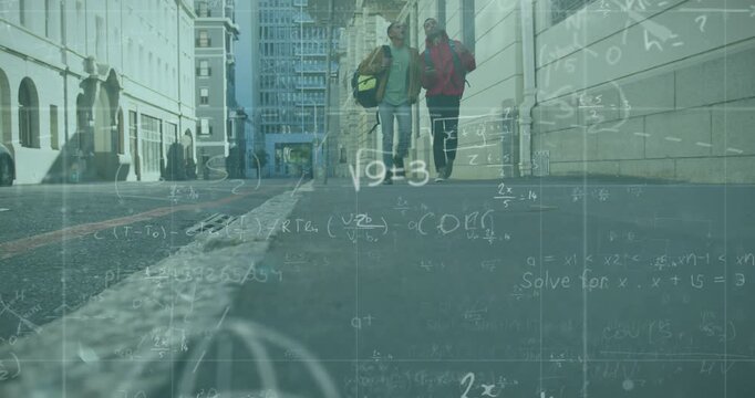 Two students walking toward camera from curb, causing math overlay while studying, backpack visible