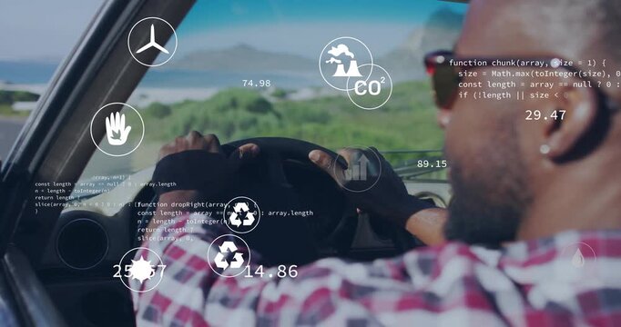 Man driving coast road, HUD updating CO2 charts for energy monitoring over windshield