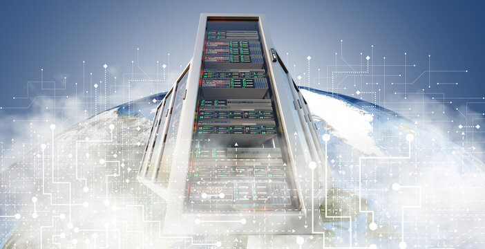 Cloud computing, artificial intelligence. Remote server processes data with AI, enabling remote access and scalable computing across global digital infrastructure.