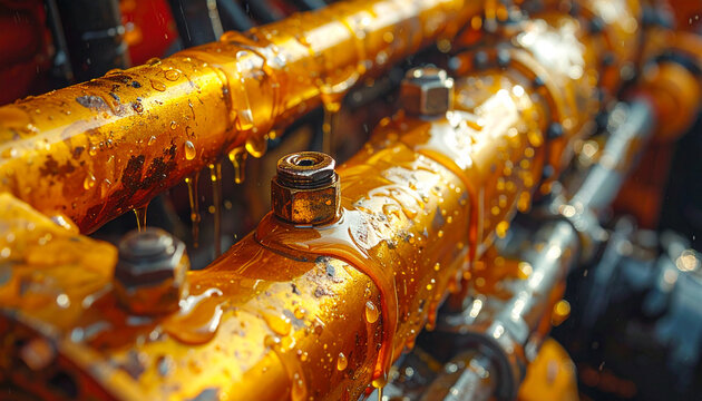 Close up of a metallic industrial machinery part with oil and bolts