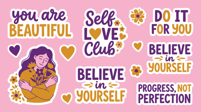 Vector Self Care Sticker Set with Positive Affirmations Mental Health Quotes and Body Positivity Illustrations for Planners