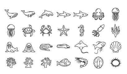 Ocean animal line icons set marine life outline collection sea creatures wildlife vector symbols © BijoyChandra
