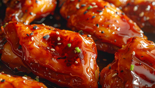 Close up of glazed chicken wings with sesame seeds in appetizing detail