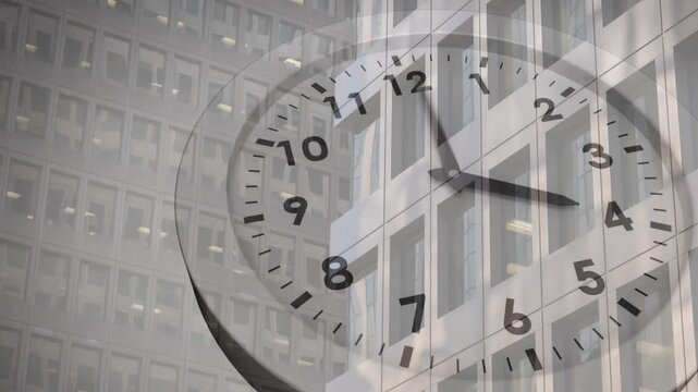 Large faint clock face overlapping window grid, hands rotating clockwise showing business time