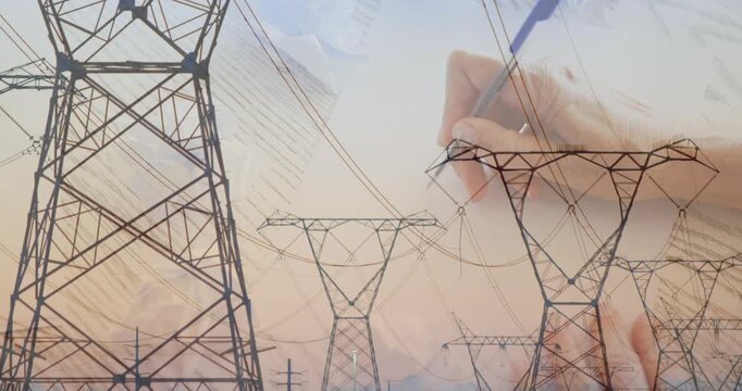 Female engineer hand holding pen entering, sketching towers and creating grid overlay for planning