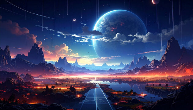 Fantasy landscape with giant planets mountains and a long road at twilight