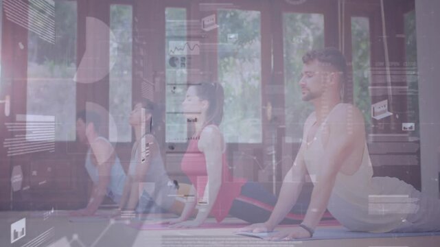 Yoga group inhaling and pressing palms, lifting into backbend in class while UI fading over group