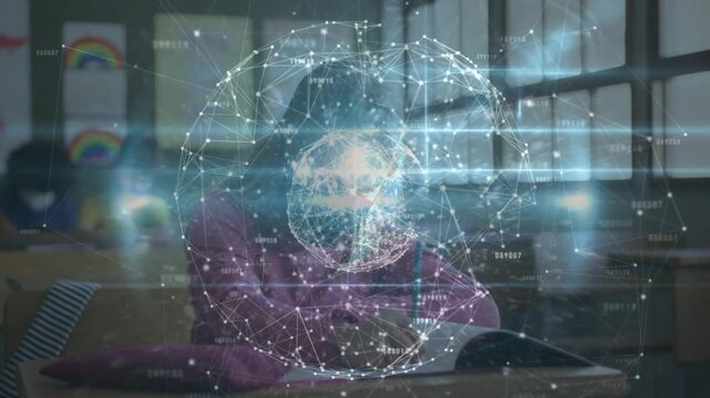 Male student raising head in classroom as digital globe appearing over open book, observing network