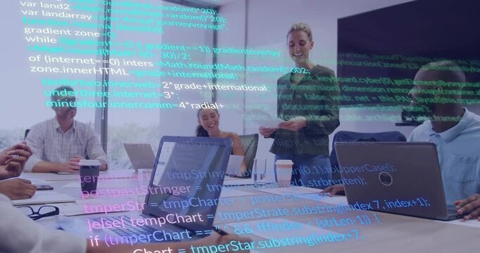 Standing presenter holding pages starting code review in meeting, scrolling code overlay on laptops