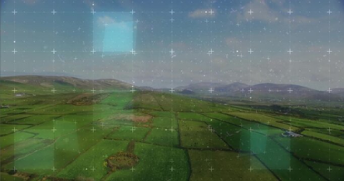 HUD overlay activating and scanning patchwork green fields, panels sliding then fading for mapping