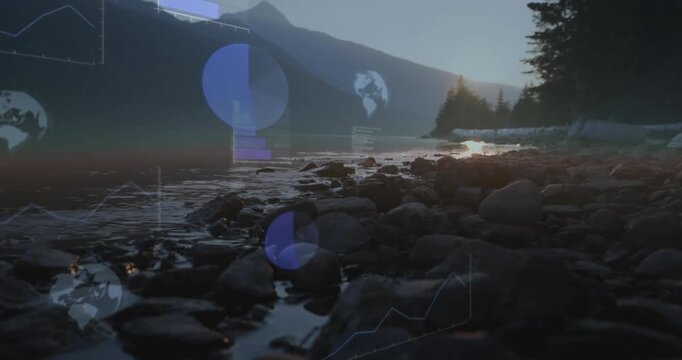 Rocky shoreline holding steady as frames advancing and sun lowering, tech charts and code rising