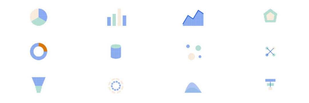 Hand-drawn halftone data visualization icons featuring colorful geometric charts graphs analytics and statistics professional illustration