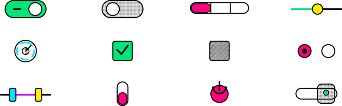 Hand-drawn neo-brutalist UI kit featuring colorful toggles sliders and minimalist web interface design elements illustration