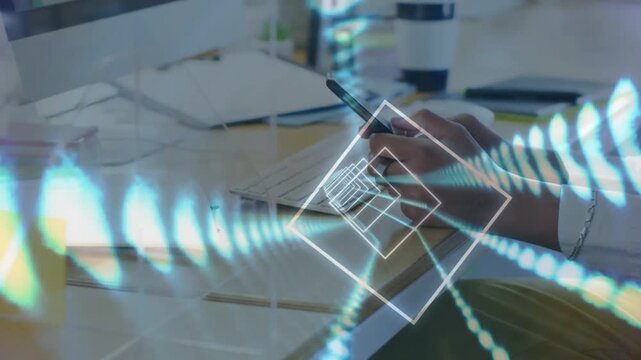 Business woman tapping smartphone at desk, causing neon overlay pulsing, demonstrating app