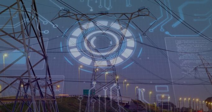 Faint circular HUD appearing over central power tower, pulsing and growing to visualize grid data