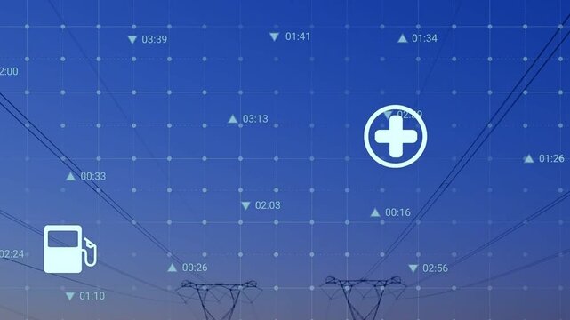Energy grid updating timeline, moving electric fuel medical home light food car icons over towers