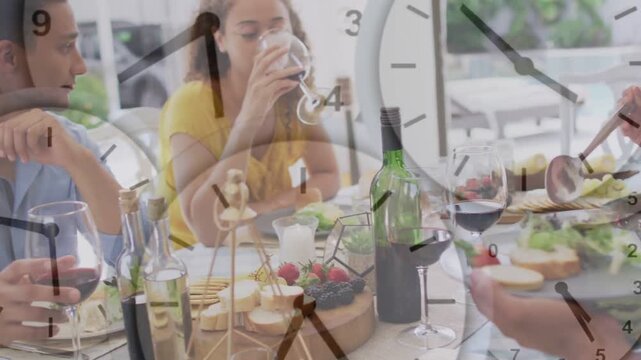 Hands plating salad, camera pulling back showing friends sharing meal, clock overlays tracking time